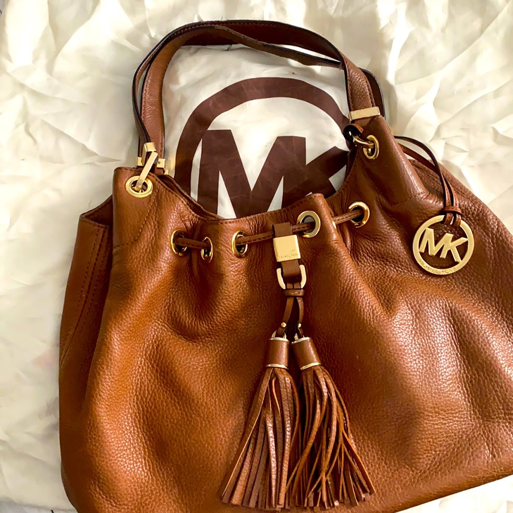 Michael Kors Camden Large Drawstring Tassels Brown Pebbled Leather Tote